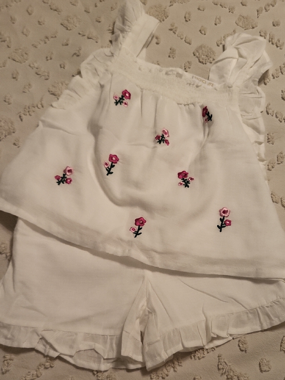 Rachel Zoe White Two-Piece Set with Pink Floral Embroidery